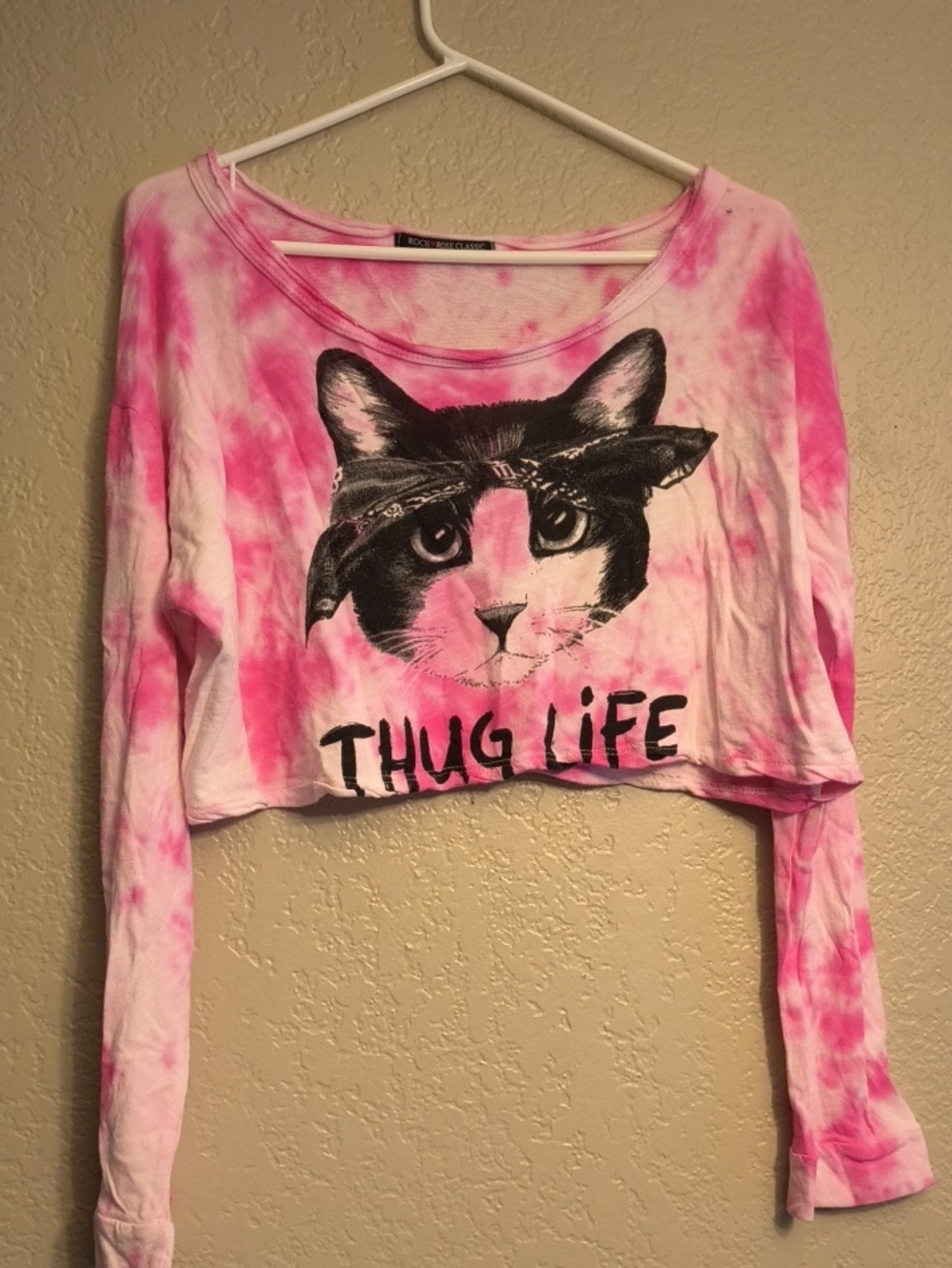 L Pink Tie Dye 'Thug Life' Cat Crop Top American Made Shirt Long Sleeve Cotton